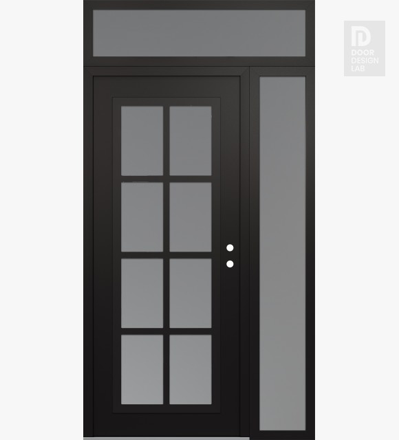 Modern Steel Front Door Diamond C16 50" x 96" black/white frosted Glass Panel black LHI with Sidelite and Transom frosted Glass
