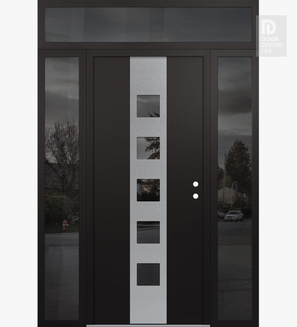 Modern Steel Front Door DIAMOND A13 68" X 96" BLACK/BLACK MIRRORED GLASS PANEL STAINLESS STEEL LHI WITH 2 SIDELITES AND TRANSOM MIRRORED GLASS