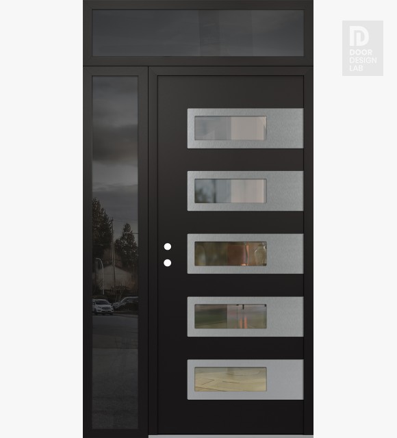 Modern Steel Front Door Diamond D3 48" x 96" black/black clear Glass Panel stainless steel RHI with Sidelite and Transom mirrored Glass