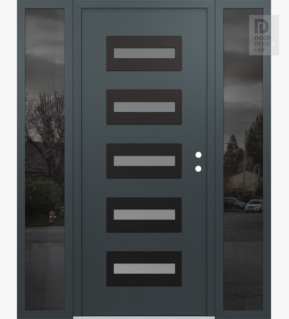 Modern Steel Front Door Diamond D4 60" x 80" anthracite/anthracite frosted Glass Panel black LHI with 2 Sidelites mirrored Glass