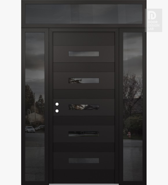 Modern Steel Front Door Diamond D9 64" x 96" black/black mirrored Glass Panel black RHI with 2 Sidelites and Transom mirrored Glass