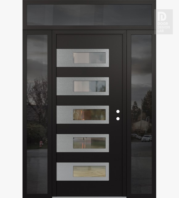 Modern Steel Front Door Diamond D3 60" x 96" black/black clear Glass Panel stainless steel LHI with 2 Sidelites and Transom mirrored Glass