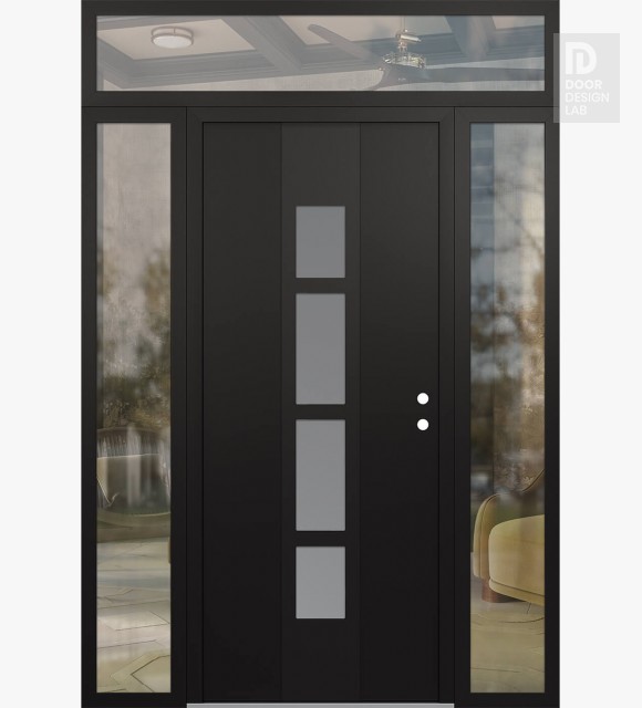 Modern Steel Front Door DIAMOND A10 64" X 96" BLACK/WHITE FROSTED GLASS PANEL BLACK LHI WITH 2 SIDELITES AND TRANSOM CLEAR GLASS