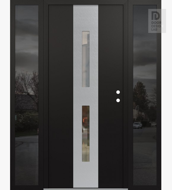 Modern Steel Front Door DIAMOND A6 60" X 80" BLACK/BLACK CLEAR GLASS PANEL STAINLESS STEEL LHI WITH 2 SIDELITES MIRRORED GLASS