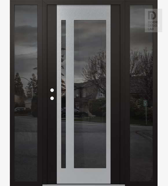 Modern Steel Front Door Diamond C15 68" x 80" black/black mirrored Glass Panel stainless steel RHI with 2 Sidelites mirrored Glass