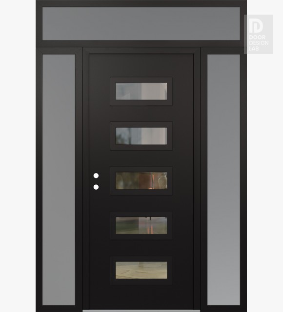Modern Steel Front Door Diamond D1 64" x 96" black/black clear Glass Panel black RHI with 2 Sidelites and Transom frosted Glass