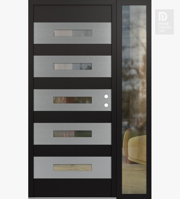 Modern Steel Front Door Diamond D9 48" x 80" black/black clear Glass Panel stainless steel LHI with Sidelite clear Glass