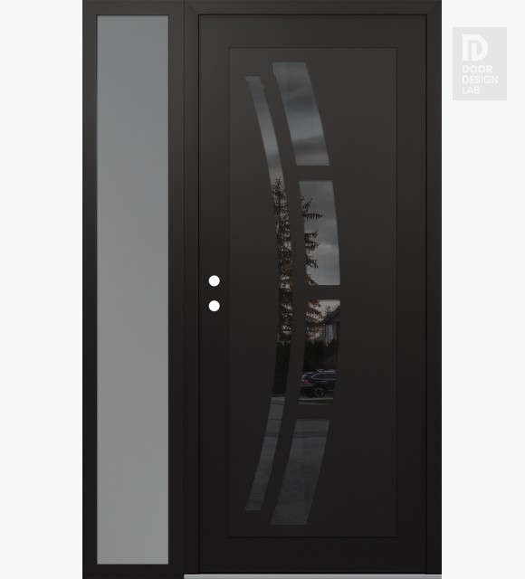 Modern Steel Front Door Diamond C12 52" x 80" black/black mirrored Glass Panel black RHI with Sidelite frosted Glass