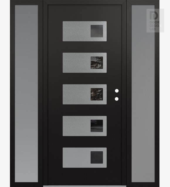 Modern Steel Front Door Diamond D2 60" x 80" black/black mirrored Glass Panel stainless steel LHI with 2 Sidelites frosted Glass