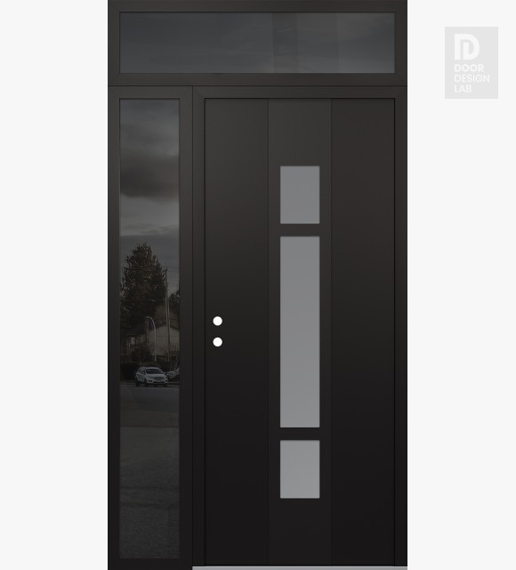Modern Steel Front Door DIAMOND A9 52" X 96" BLACK/WHITE FROSTED GLASS PANEL BLACK RHI WITH SIDELITE AND TRANSOM MIRRORED GLASS