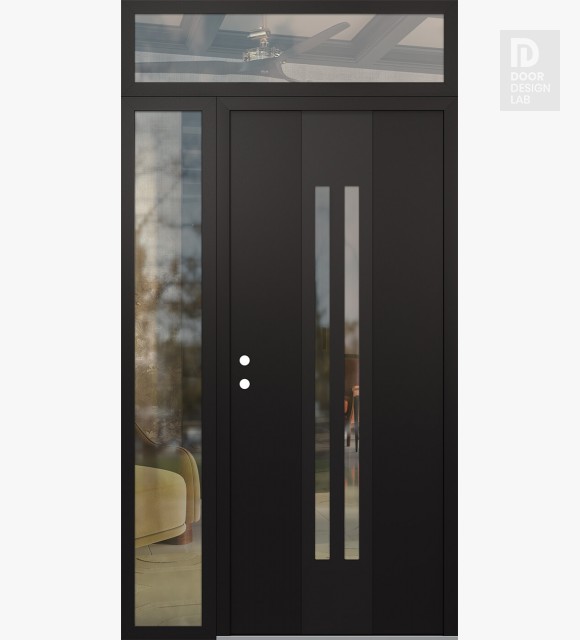 Modern Steel Front Door DIAMOND A8 50" X 96" BLACK/BLACK CLEAR GLASS PANEL BLACK RHI WITH SIDELITE AND TRANSOM CLEAR GLASS