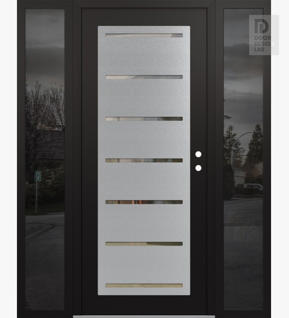 Modern Steel Front Door Diamond C11 60" x 80" black/black clear Glass Panel stainless steel LHI with 2 Sidelites mirrored Glass