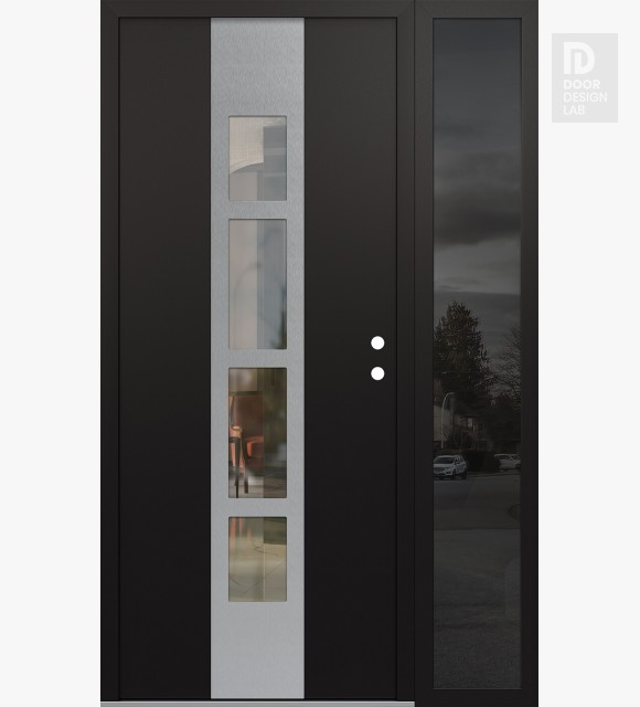 Modern Steel Front Door DIAMOND A10 50" X 80" BLACK/BLACK CLEAR GLASS PANEL STAINLESS STEEL LHI WITH SIDELITE MIRRORED GLASS
