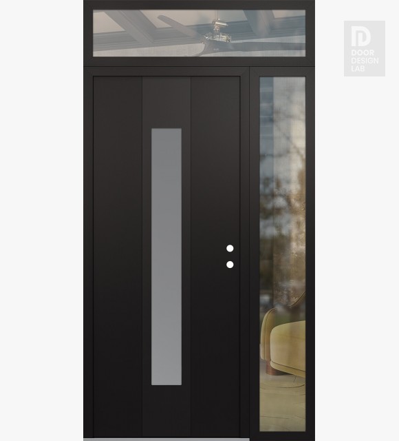 Modern Steel Front Door DIAMOND A1 48" X 96" BLACK/WHITE FROSTED GLASS PANEL BLACK LHI WITH SIDELITE AND TRANSOM CLEAR GLASS