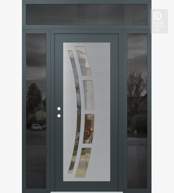 Modern Steel Front Door Diamond C12 68" x 96" anthracite/anthracite clear Glass Panel stainless steel RHI with 2 Sidelites and Transom mirrored Glass