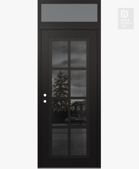 Modern Steel Front Door Diamond C16 36" x 96" black/black mirrored Glass Panel black RHI with Transom frosted Glass