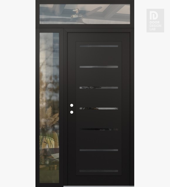 Modern Steel Front Door Diamond C11 52" x 96" black/black mirrored Glass Panel black RHI with Sidelite and Transom clear Glass
