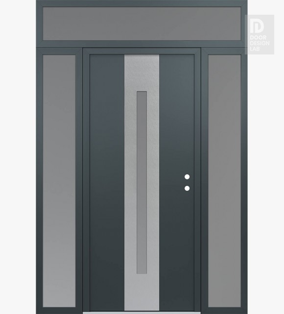Modern Steel Front Door DIAMOND A2 60" X 96" ANTHRACITE/ANTHRACITE FROSTED GLASS PANEL STAINLESS STEEL LHI WITH 2 SIDELITES AND TRANSOM FROSTED GLASS