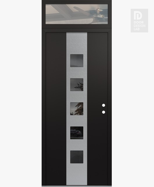Modern Steel Front Door DIAMOND A13 36" X 96" BLACK/BLACK MIRRORED GLASS PANEL STAINLESS STEEL LHI WITH TRANSOM CLEAR GLASS