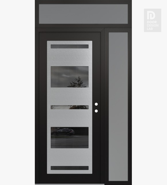 Modern Steel Front Door Diamond C10 48" x 96" black/black mirrored Glass Panel stainless steel LHI with Sidelite and Transom frosted Glass