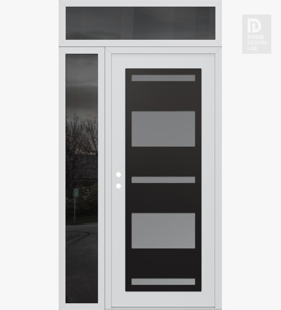 Modern Steel Front Door Diamond C10 50" x 96" white/white frosted Glass Panel black RHI with Sidelite and Transom mirrored Glass