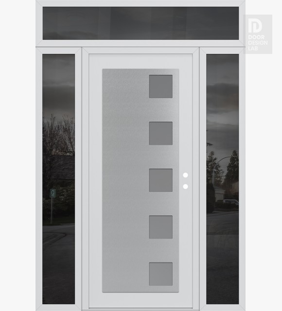 Modern Steel Front Door Diamond C5 64" x 96" white/white frosted Glass Panel stainless steel LHI with 2 Sidelites and Transom mirrored Glass