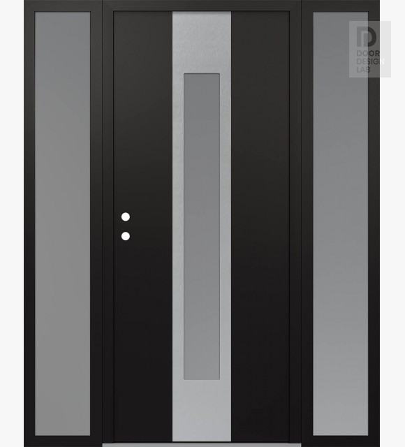 Modern Steel Front Door DIAMOND A1 68" X 80" BLACK/WHITE FROSTED GLASS PANEL STAINLESS STEEL RHI WITH 2 SIDELITES FROSTED GLASS