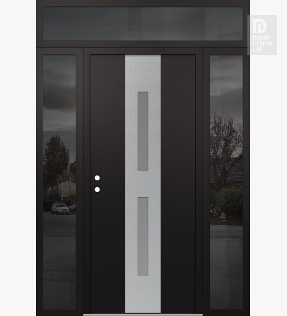 Modern Steel Front Door DIAMOND A6 64" X 96" BLACK/WHITE FROSTED GLASS PANEL STAINLESS STEEL RHI WITH 2 SIDELITES AND TRANSOM MIRRORED GLASS