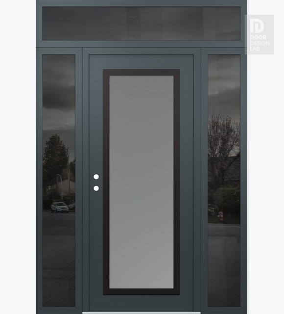 Modern Steel Front Door Diamond C1 64" x 96" anthracite/anthracite frosted Glass Panel black RHI with 2 Sidelites and Transom mirrored Glass