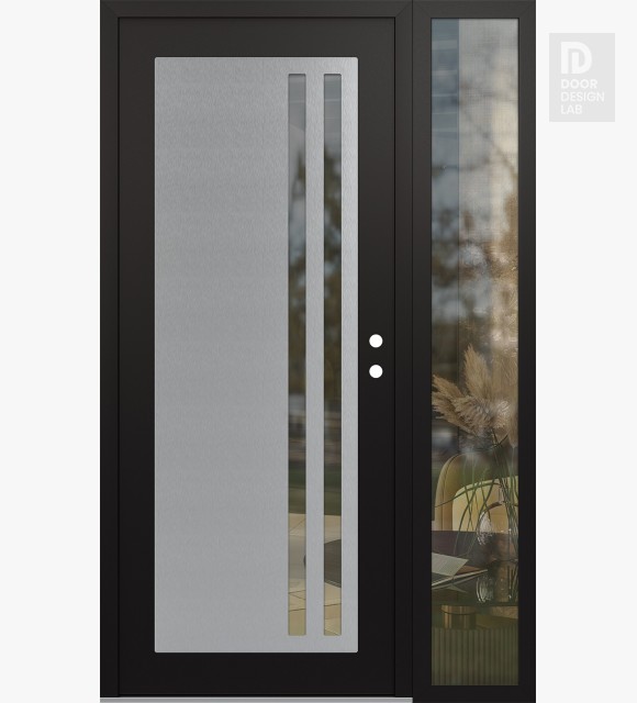Modern Steel Front Door Diamond C6 52" x 80" black/black clear Glass Panel stainless steel LHI with Sidelite clear Glass