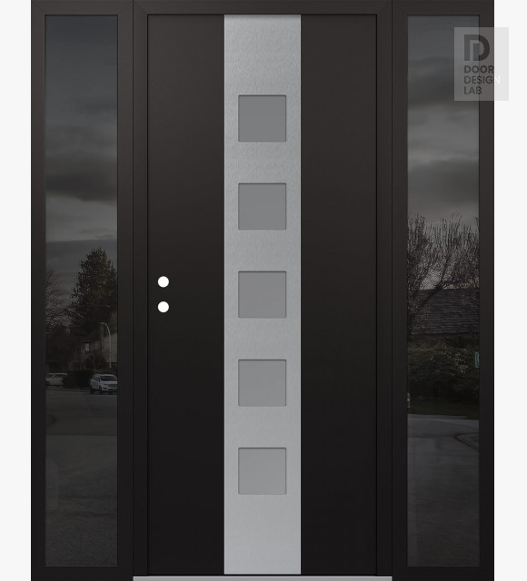 Modern Steel Front Door DIAMOND A13 60" X 80" BLACK/WHITE FROSTED GLASS PANEL STAINLESS STEEL RHI WITH 2 SIDELITES MIRRORED GLASS