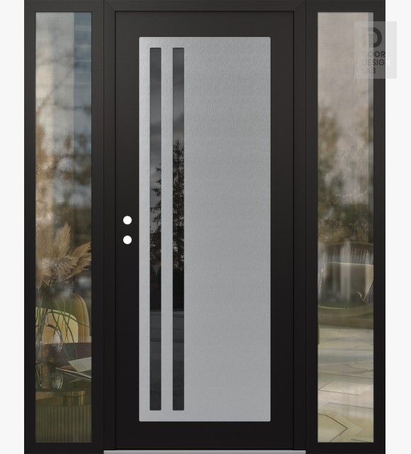 Modern Steel Front Door Diamond C6 68" x 80" black/black mirrored Glass Panel stainless steel RHI with 2 Sidelites clear Glass