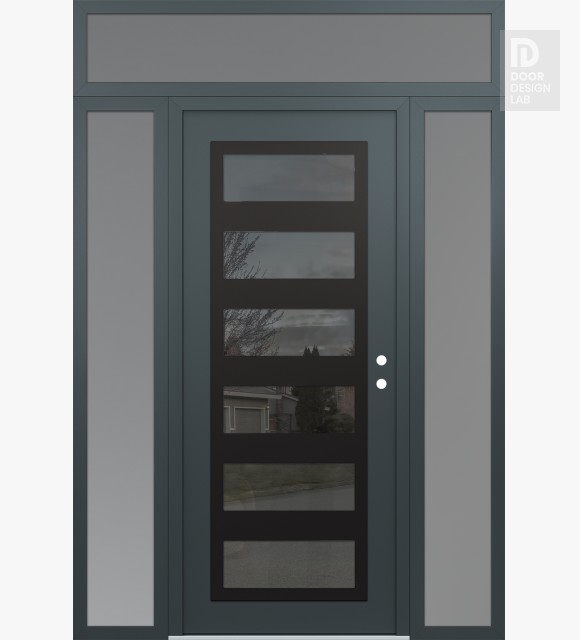 Modern Steel Front Door Diamond C9 64" x 96" anthracite/anthracite mirrored Glass Panel black LHI with 2 Sidelites and Transom frosted Glass