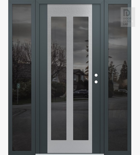 Modern Steel Front Door Diamond C14 64" x 80" anthracite/anthracite mirrored Glass Panel stainless steel LHI with 2 Sidelites mirrored Glass