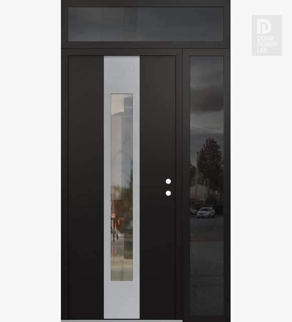 Modern Steel Front Door DIAMOND A1 48" X 96" BLACK/BLACK CLEAR GLASS PANEL STAINLESS STEEL LHI WITH SIDELITE AND TRANSOM MIRRORED GLASS