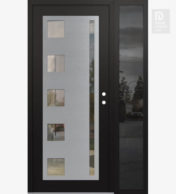 Modern Steel Front Door Diamond C3 48" x 80" black/black clear Glass Panel stainless steel LHI with Sidelite mirrored Glass