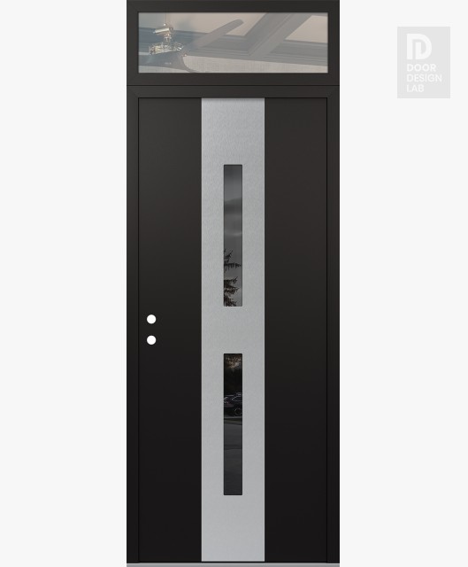 Modern Steel Front Door DIAMOND A6 36" X 96" BLACK/BLACK MIRRORED GLASS PANEL STAINLESS STEEL RHI WITH TRANSOM CLEAR GLASS