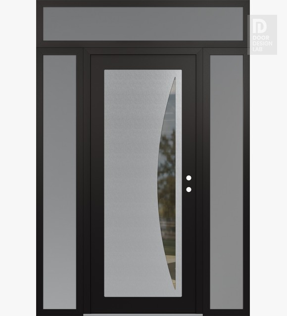 Modern Steel Front Door Diamond C13 64" x 96" black/black clear Glass Panel stainless steel LHI with 2 Sidelites and Transom frosted Glass