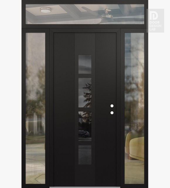 Modern Steel Front Door DIAMOND A10 64" X 96" BLACK/BLACK MIRRORED GLASS PANEL BLACK LHI WITH 2 SIDELITES AND TRANSOM CLEAR GLASS
