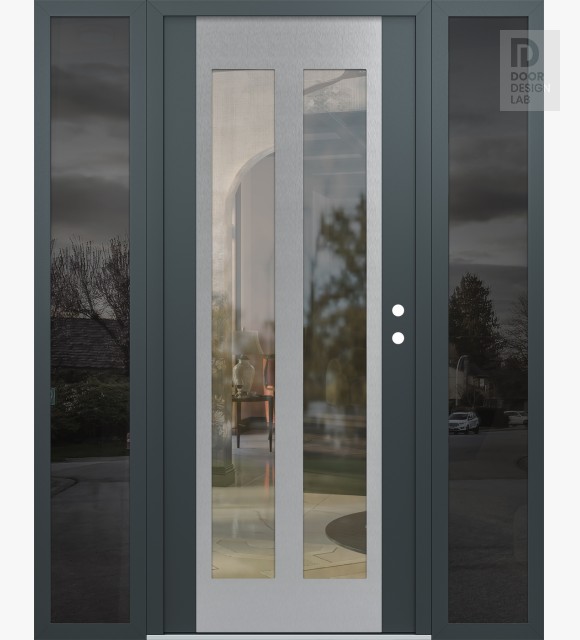 Modern Steel Front Door Diamond C14 60" x 80" anthracite/anthracite clear Glass Panel stainless steel LHI with 2 Sidelites mirrored Glass