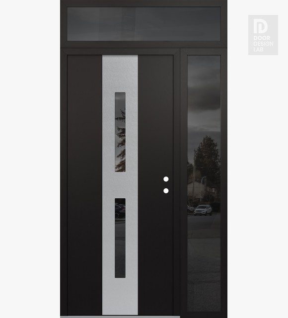 Modern Steel Front Door DIAMOND A6 48" X 96" BLACK/BLACK MIRRORED GLASS PANEL STAINLESS STEEL LHI WITH SIDELITE AND TRANSOM MIRRORED GLASS