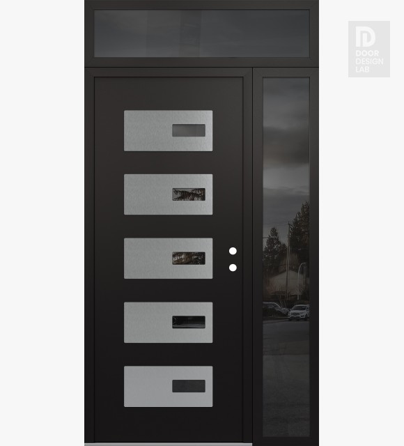 Modern Steel Front Door Diamond D7 48" x 96" black/black mirrored Glass Panel stainless steel LHI with Sidelite and Transom mirrored Glass