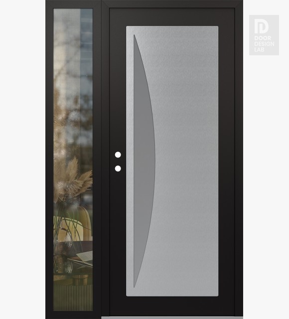Modern Steel Front Door Diamond C13 50" x 80" black/white frosted Glass Panel stainless steel RHI with Sidelite clear Glass