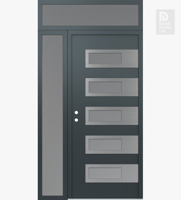 Modern Steel Front Door Diamond D3 52" x 96" anthracite/anthracite frosted Glass Panel stainless steel RHI with Sidelite and Transom frosted Glass