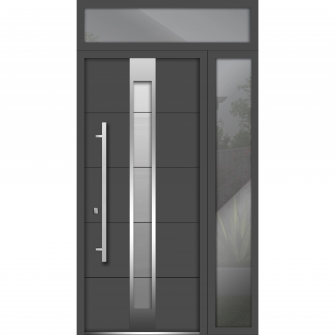 Front Exterior Prehung Steel Door / Deux 1717 Gray Graphite / Stainless Inserts Single Modern Painted-W48" x H96"-Right-hand Inswing