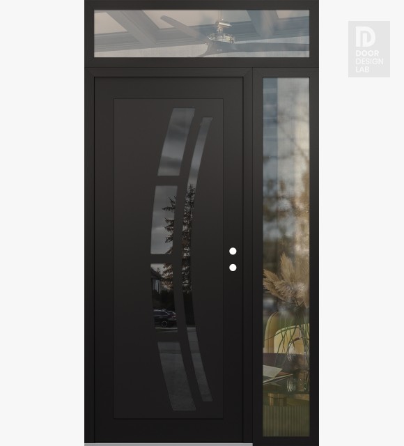 Modern Steel Front Door Diamond C12 50" x 96" black/black mirrored Glass Panel black LHI with Sidelite and Transom clear Glass