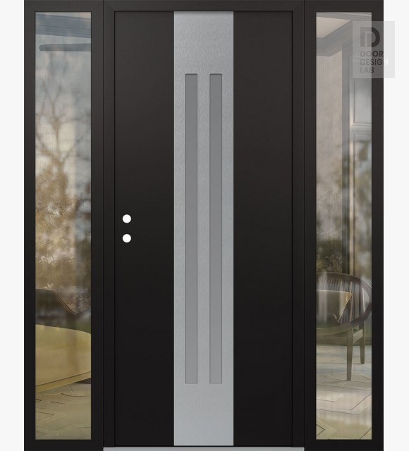 Modern Steel Front Door DIAMOND A8 68" X 80" BLACK/WHITE FROSTED GLASS PANEL STAINLESS STEEL RHI WITH 2 SIDELITES CLEAR GLASS