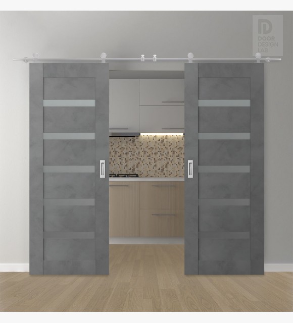 DOUBLE BARN DOOR AVON 07-04 VETRO DARK URBAN 60" X 84" X 1 3/4" STAINLESS STEEL HARDWARE