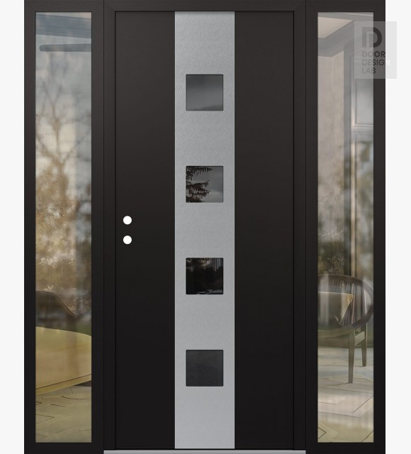 Modern Steel Front Door DIAMOND A12 68" X 80" BLACK/BLACK MIRRORED GLASS PANEL STAINLESS STEEL RHI WITH 2 SIDELITES CLEAR GLASS