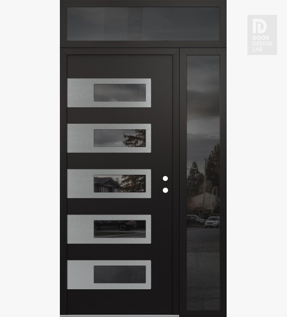 Modern Steel Front Door Diamond D3 52" x 96" black/black mirrored Glass Panel stainless steel LHI with Sidelite and Transom mirrored Glass